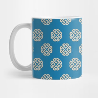 Celtic Endless Knot Pattern Beige on Blue Background Mug